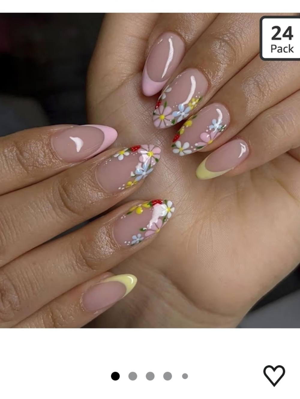 Floral Glossy Pink Yellow French Tips Press on Reusable Spring Summer Nails